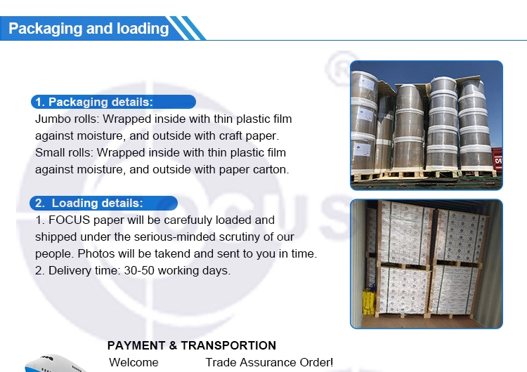 Εστίασης τεράστιος ρόλος εγγράφου εμπορικών σημάτων θερμικός  Μπλε μαύρο Imaging45GSM/48GSM/55GSM/58GSM/60GSM/65GSM/70GSM/80 GSM απεικόνισης